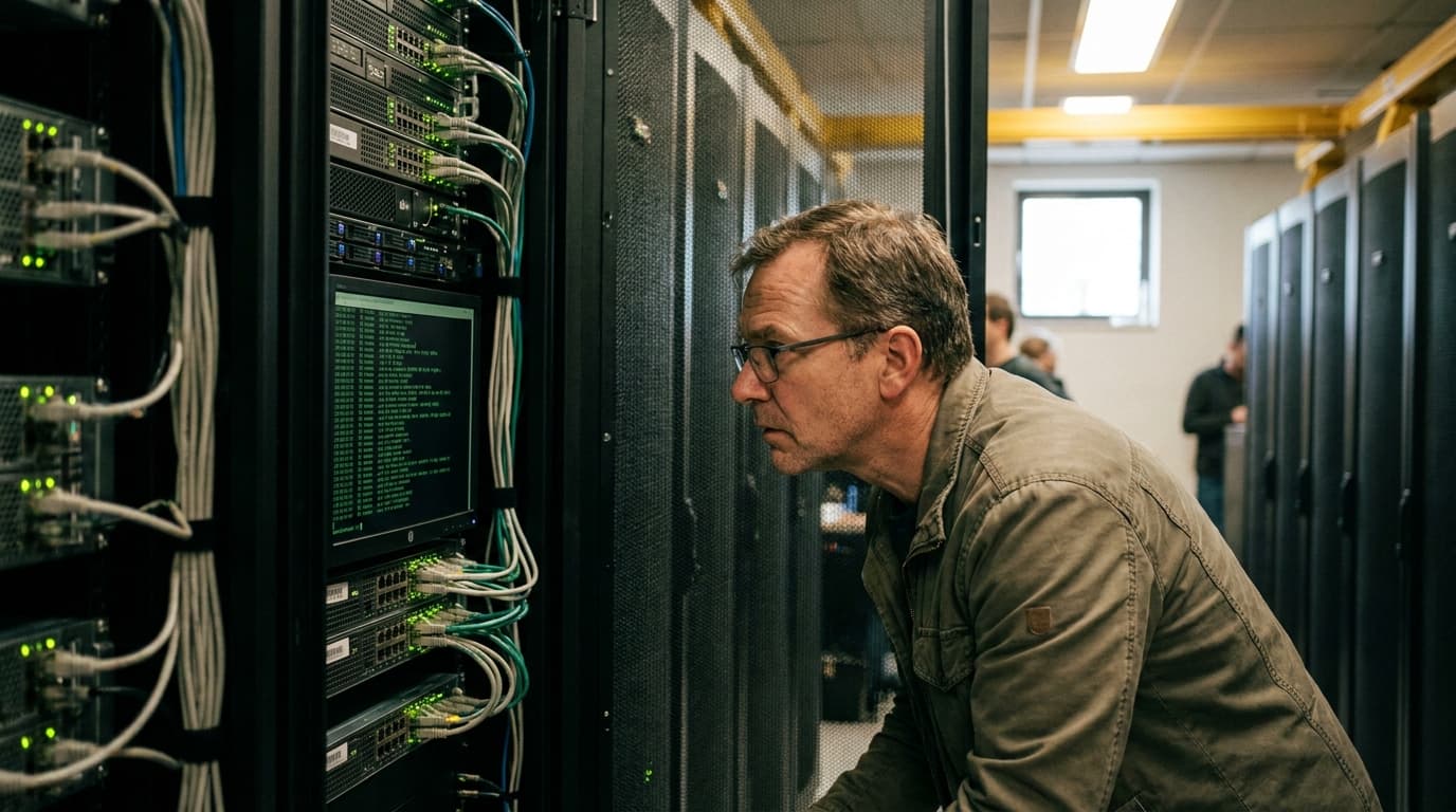 An engineer monitors server logs on a screen inside a data center, with server racks visible in the background.