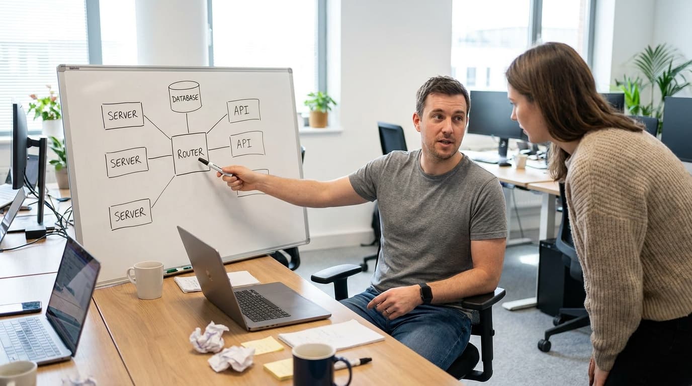 Two engineers in an office discussing a system architecture diagram of modular services on a whiteboard.