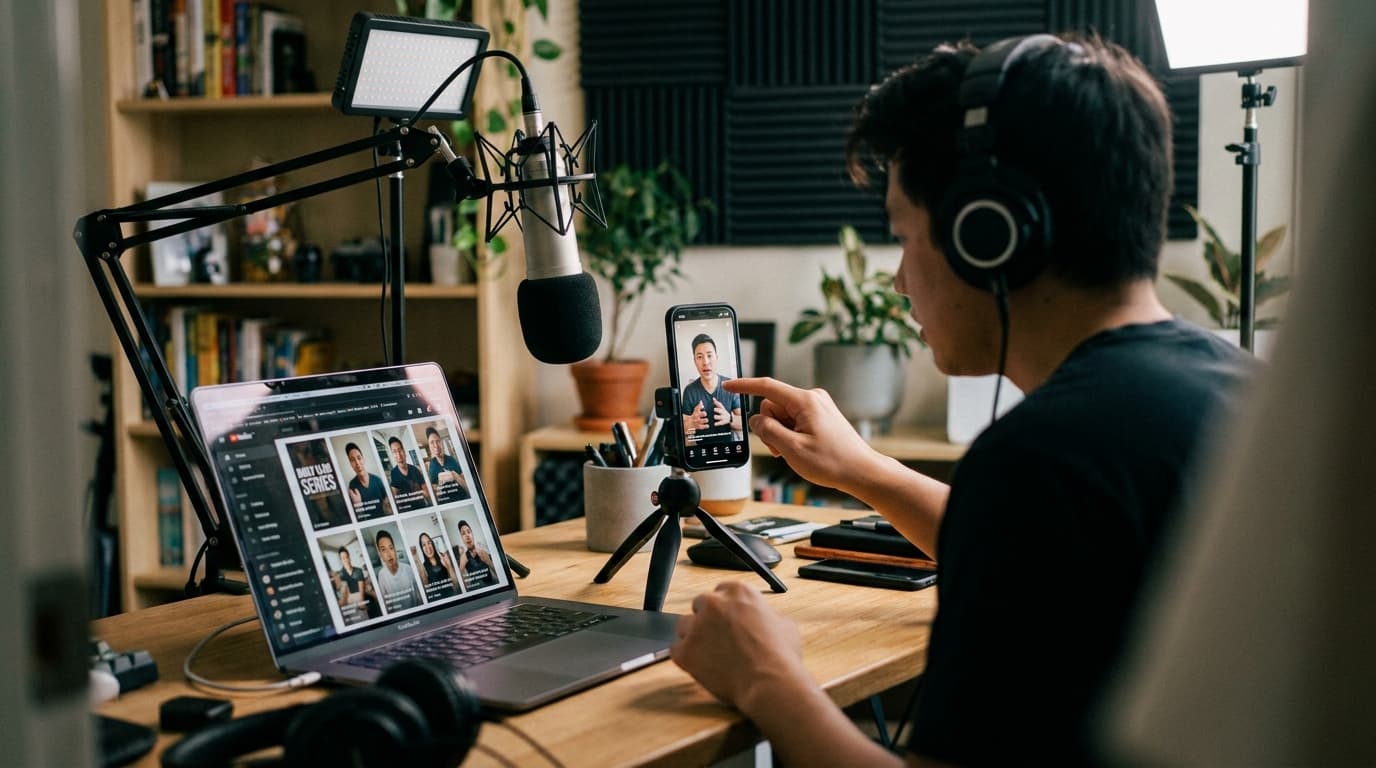 A content creator edits a vertical video on their smartphone, with a laptop showing a series playlist in their home studio.