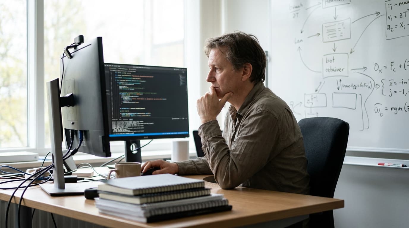 A researcher in an office studies code on a computer screen, with a whiteboard covered in diagrams behind them.
