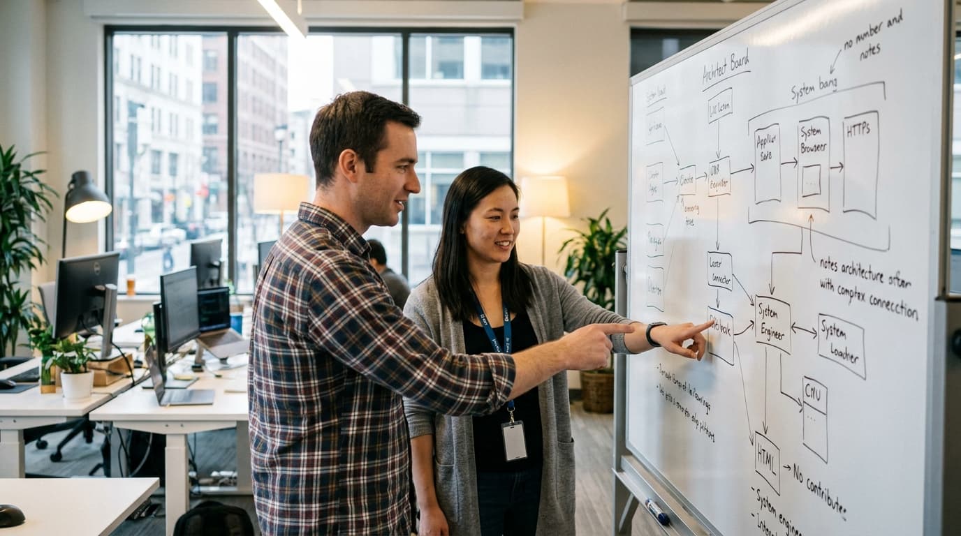 Two engineers collaborate on a system architecture design drawn on a whiteboard in a modern office setting.