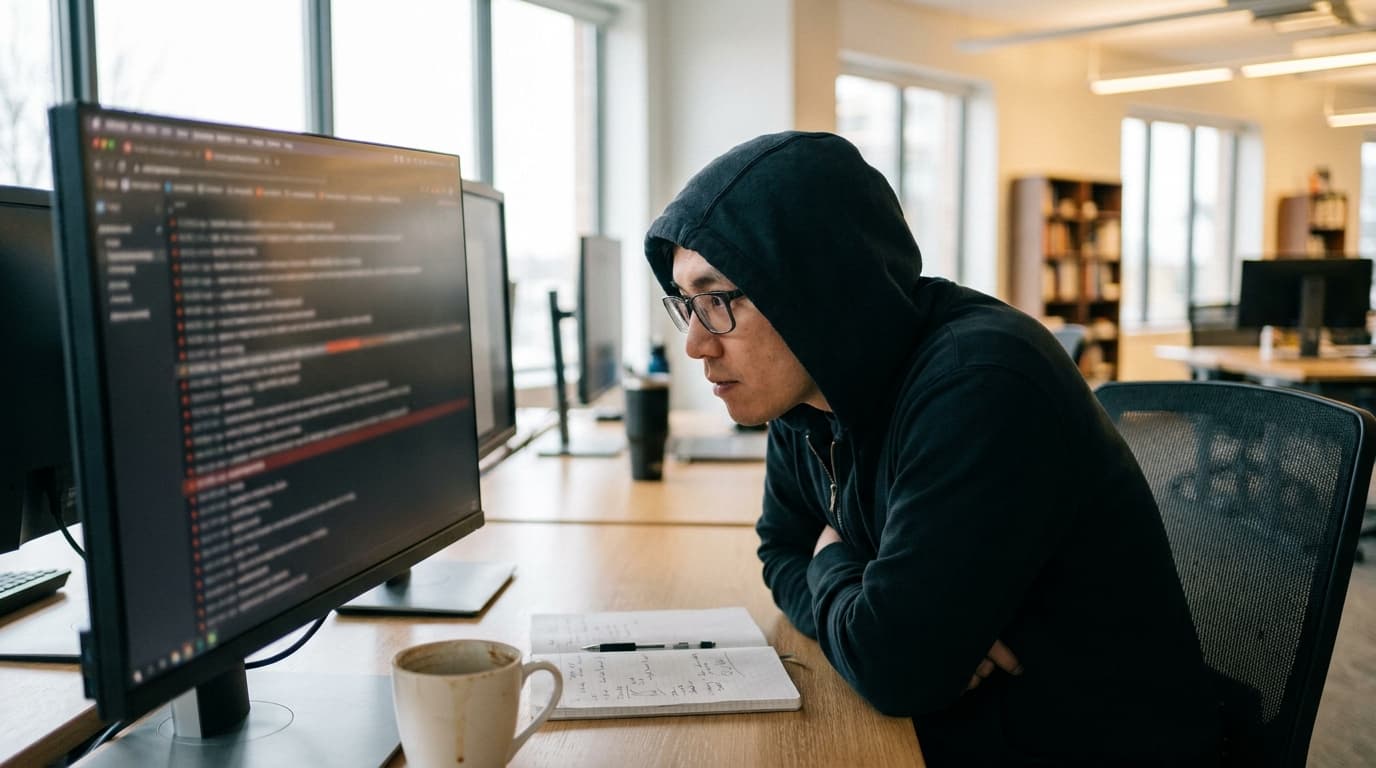 A security engineer analyzes a list of prioritized vulnerability alerts on their computer screen in an office setting.