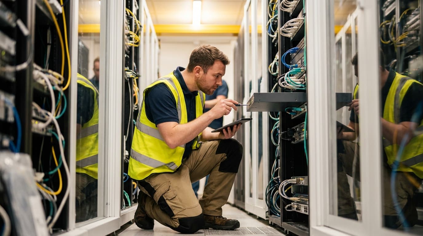 An engineer inspects networking equipment inside a server rack in a modern data center.