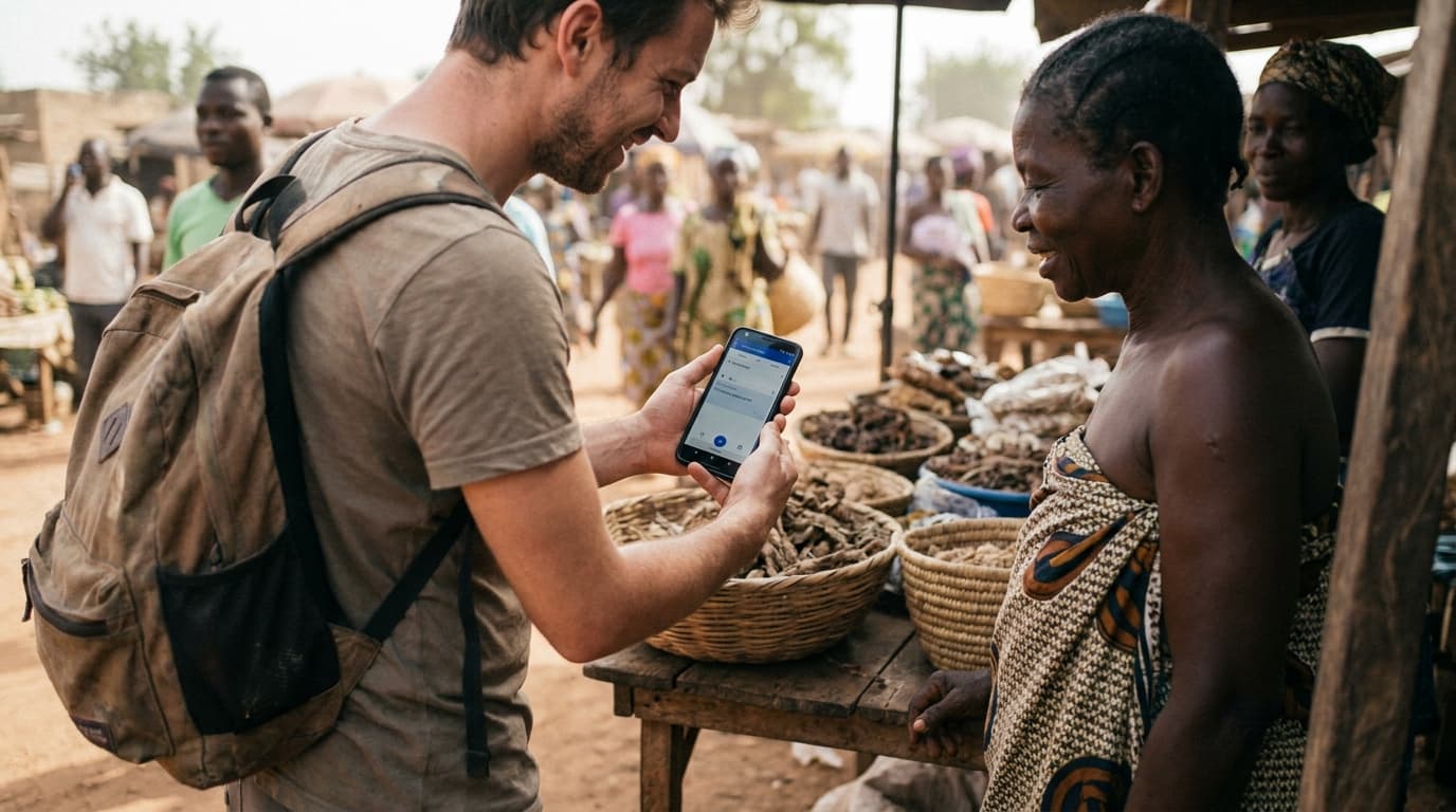 A person holds up a smartphone to translate text while standing in an outdoor market, demonstrating offline AI translation.