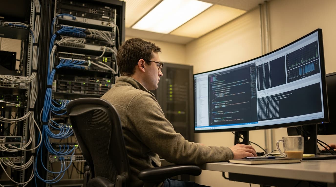 An AI researcher works at a computer terminal inside a secure data center, monitoring an AI system's behavior.