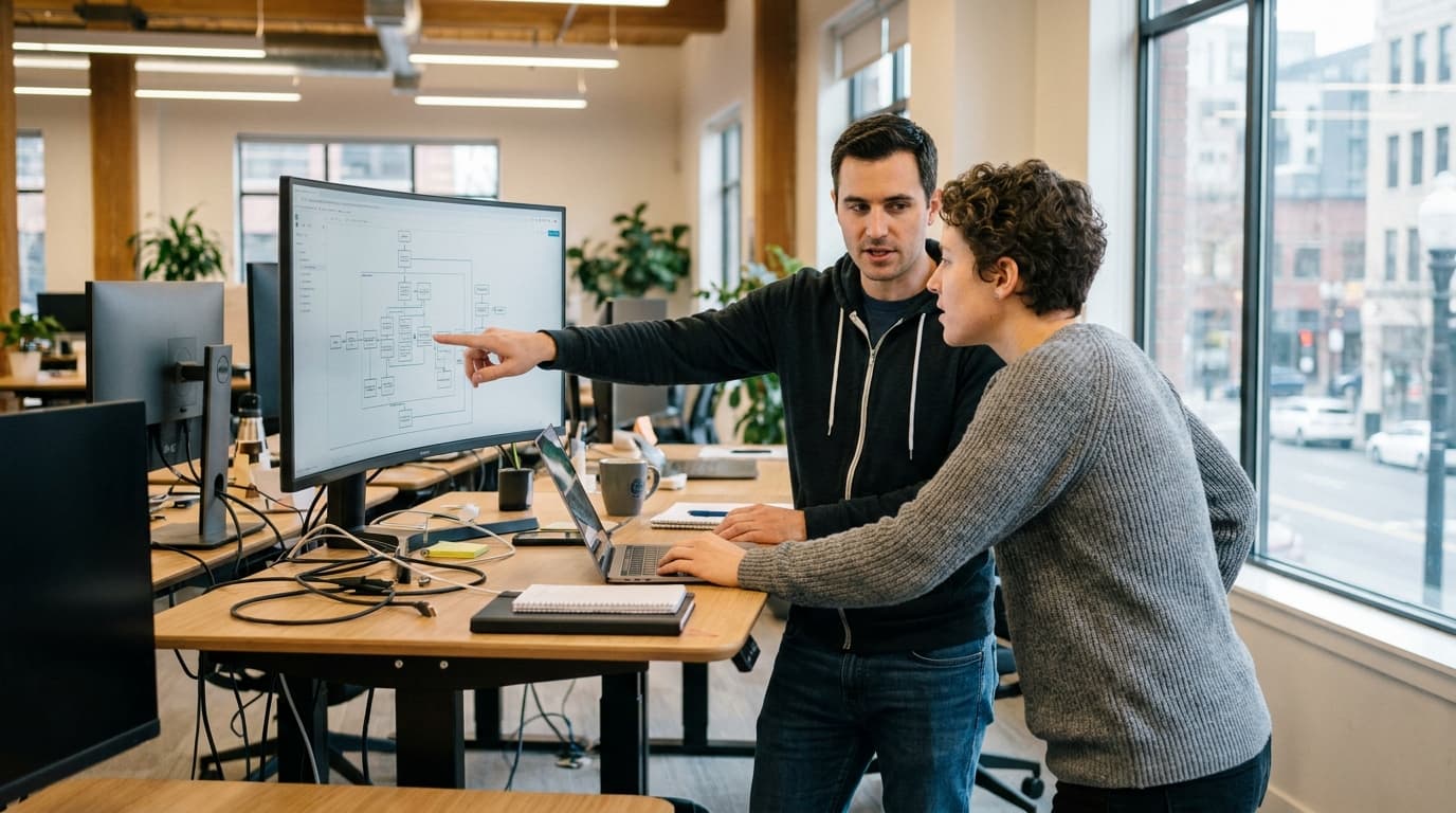 Two engineers discuss a complex AI system diagram on a large monitor in a modern office setting.