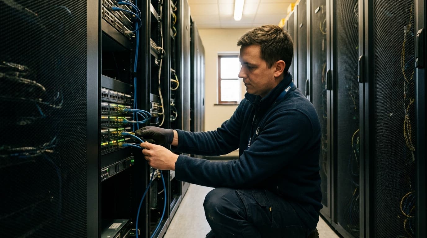 An engineer works on network cabling inside a brightly lit server rack in a modern data center.
