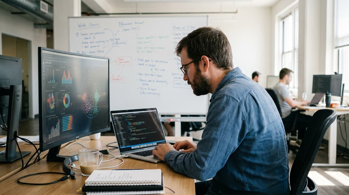 A data scientist works on a laptop with SQL code on the screen in a modern office setting.