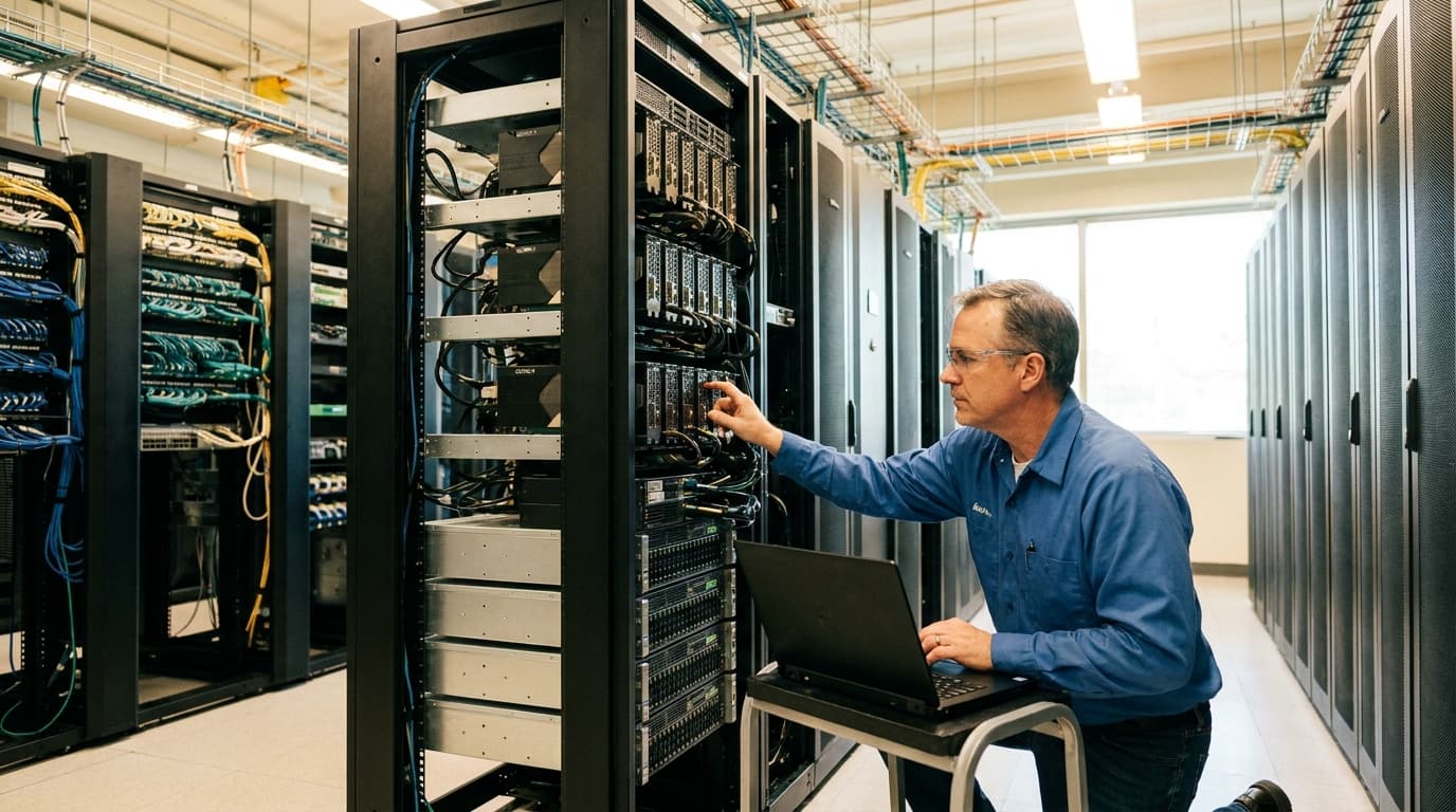 An IT engineer stands in a data center, checking connections on a server rack filled with powerful computing hardware.