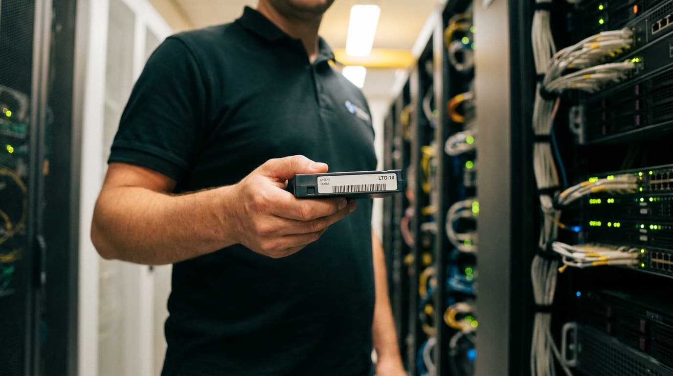 An IT professional holds an LTO-10 data tape cartridge in a modern data center, with rows of server racks behind them.