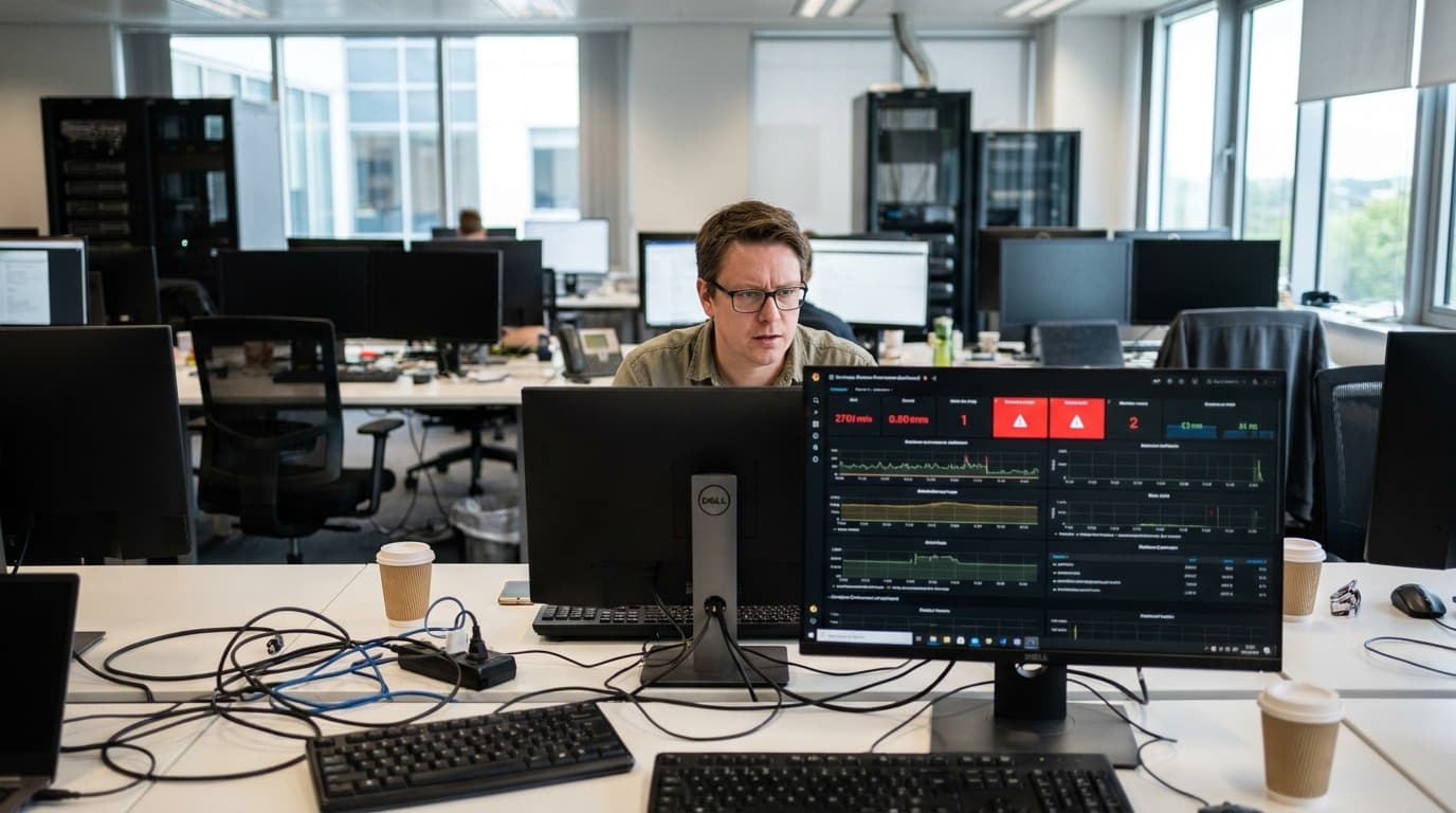 An engineer monitors a database dashboard on a large screen, which is showing multiple red alerts indicating a system failure.