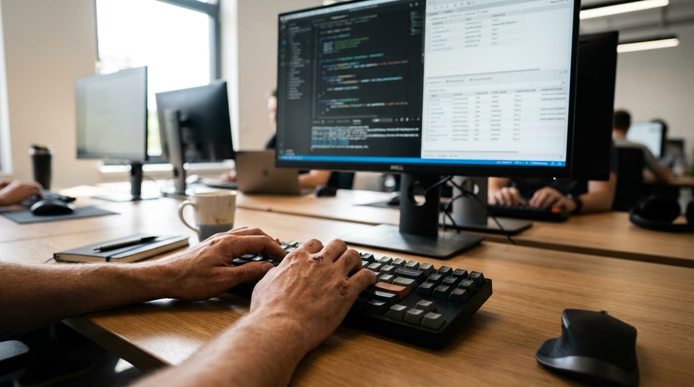 A developer at their desk types on a keyboard while reviewing a database schema on a computer monitor.