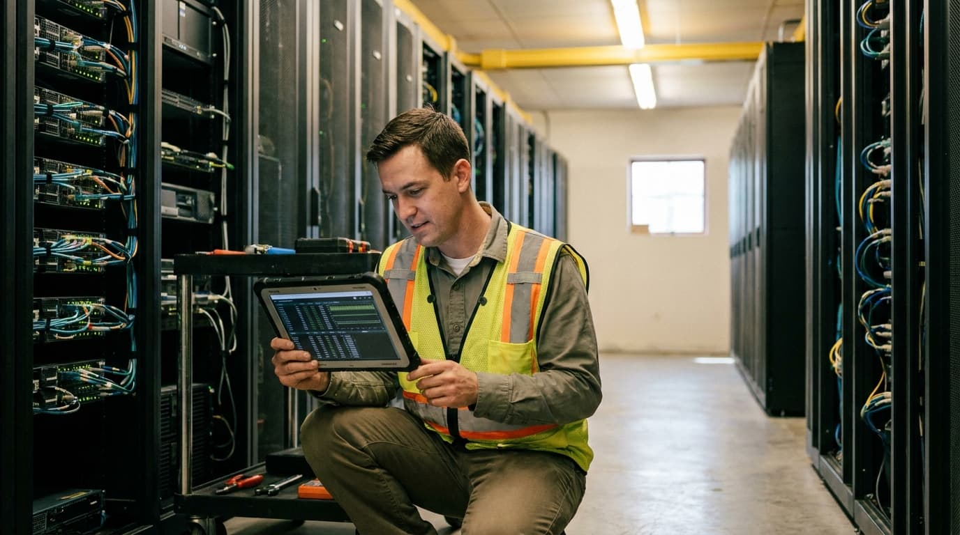 An IT engineer stands in a data center aisle, reviewing performance data on a tablet in front of a server rack.