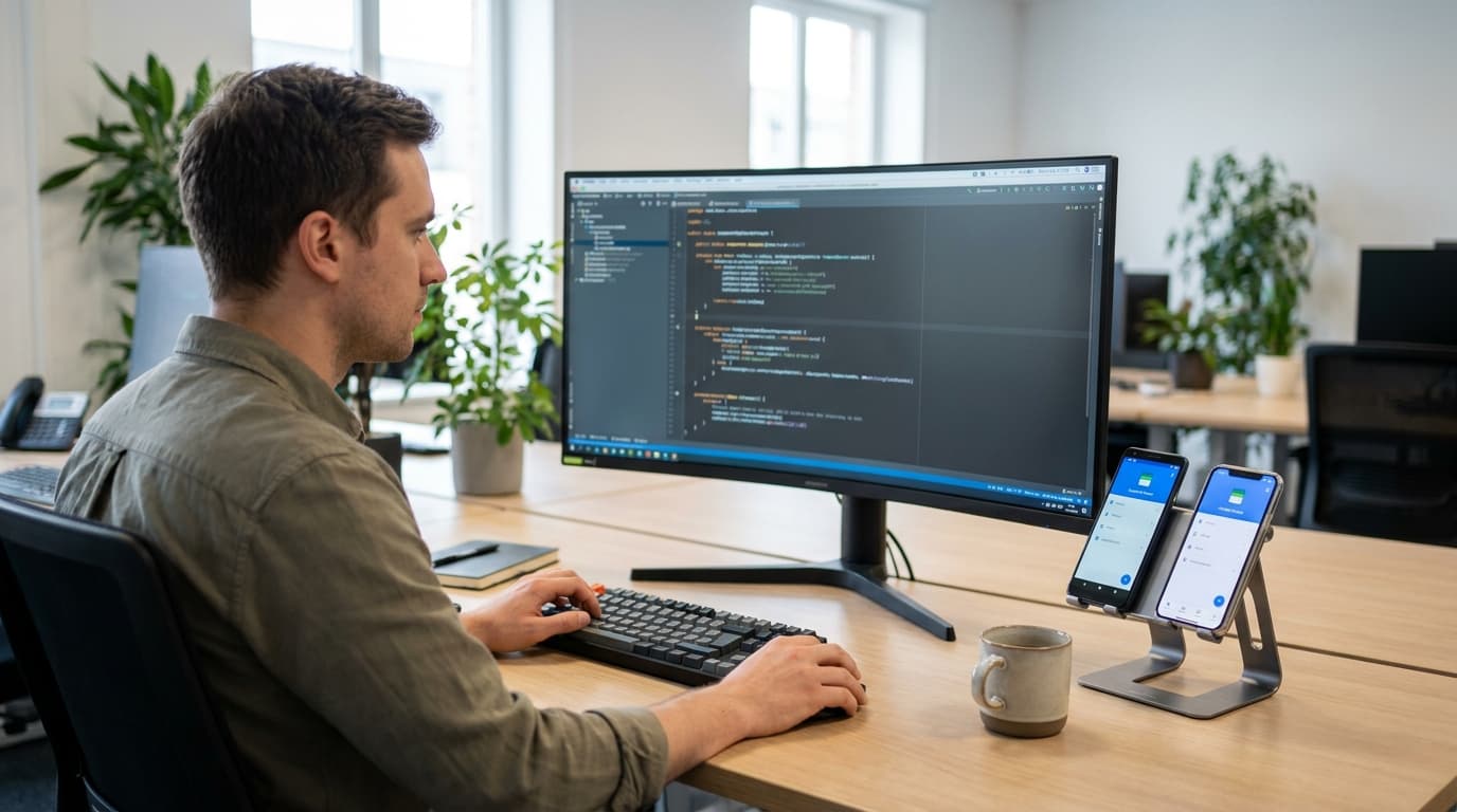 A developer working on Kotlin Multiplatform code, with the same app visible on both an Android and an iOS device nearby.