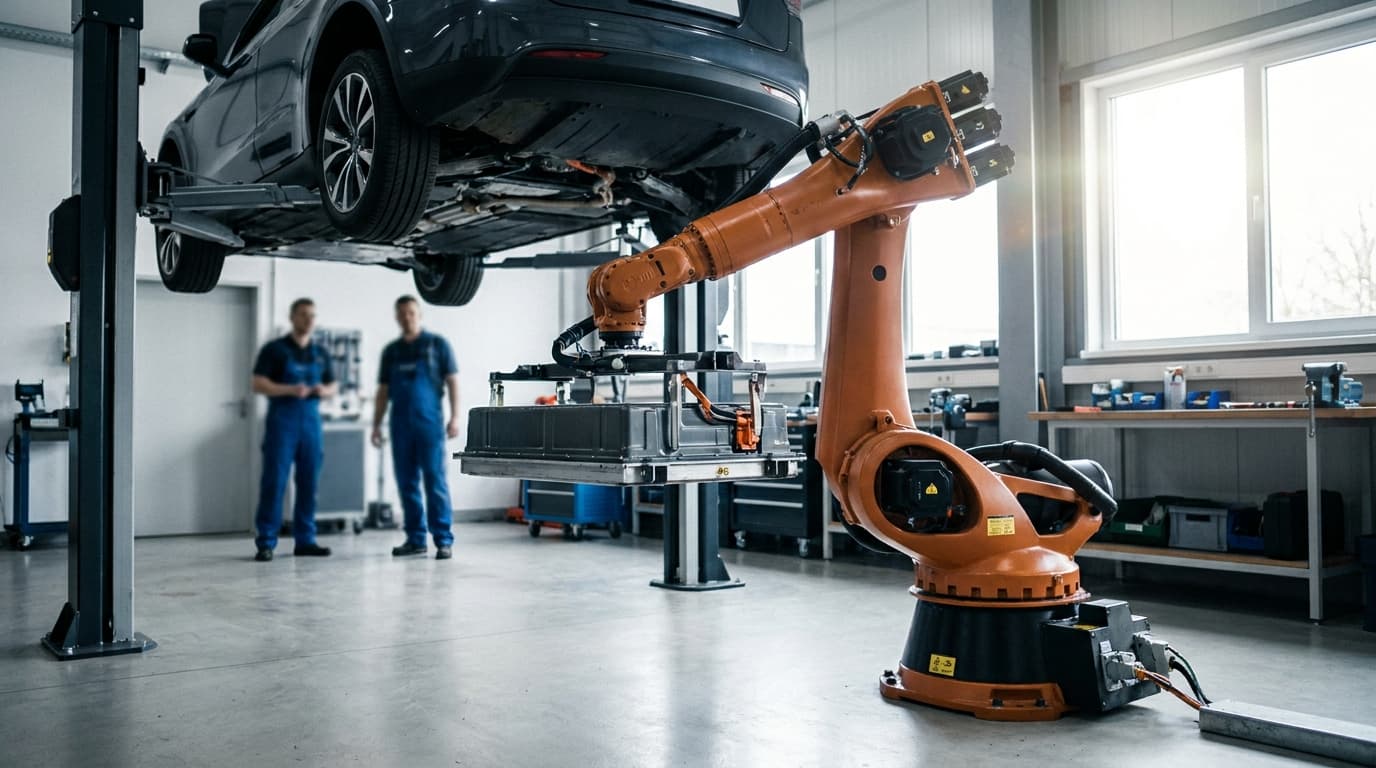 A robotic arm moves an EV battery pack at an automated battery swapping station, with an electric car in the background.