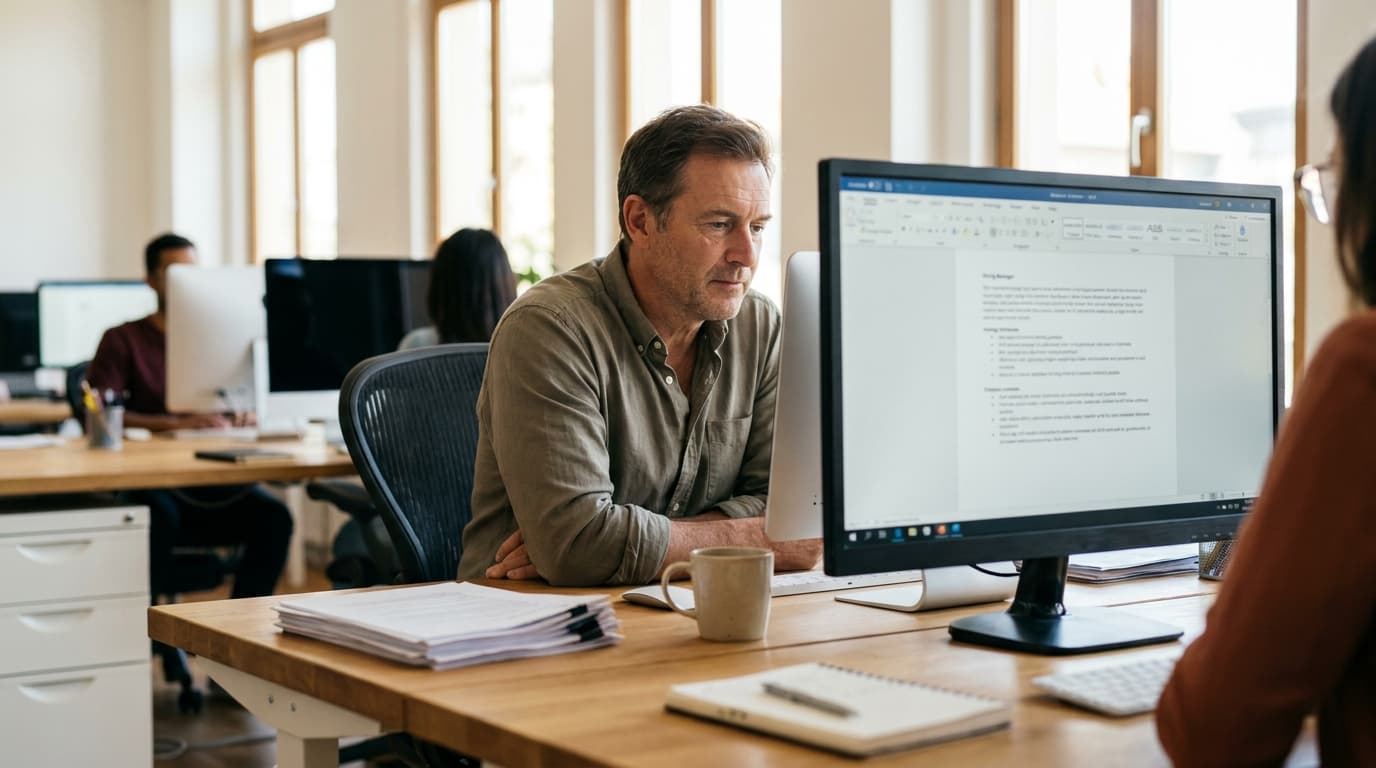 A person in a professional office setting reviews a document on a computer screen, representing the use of technology in recruitment.
