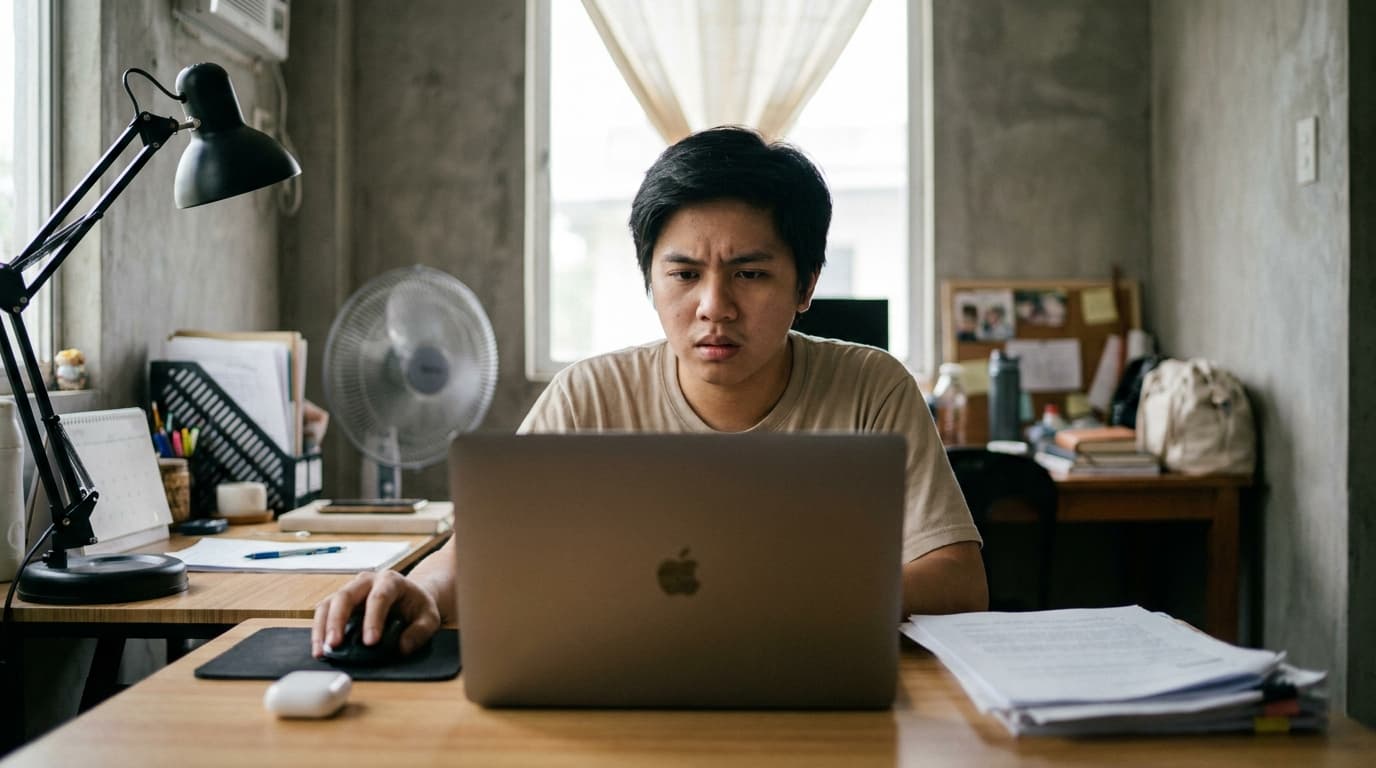 A Filipino freelancer sitting at a desk in a home office, looking at a laptop screen with a serious expression.