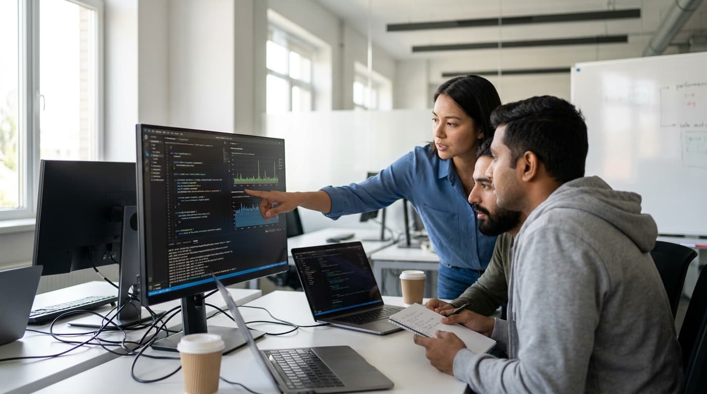 Three diverse software engineers discuss code and performance graphs displayed on a large monitor in a bright, modern office setting.