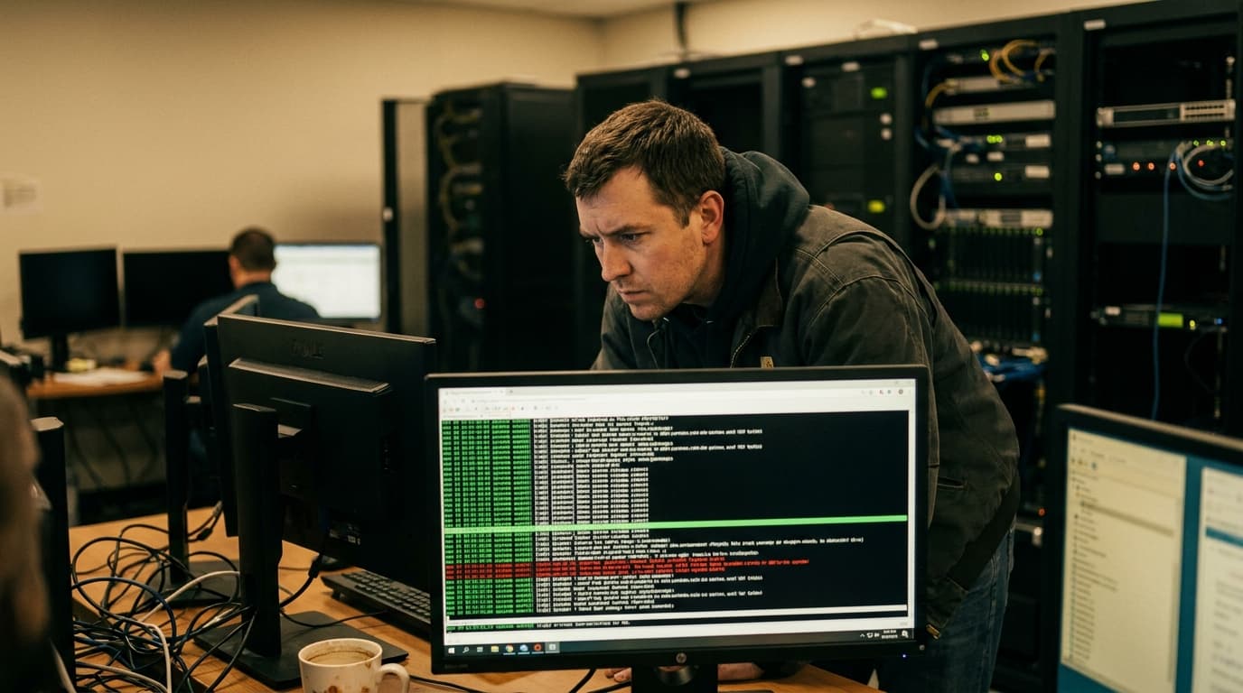 An engineer in a control room monitors system status dashboards during a service outage.
