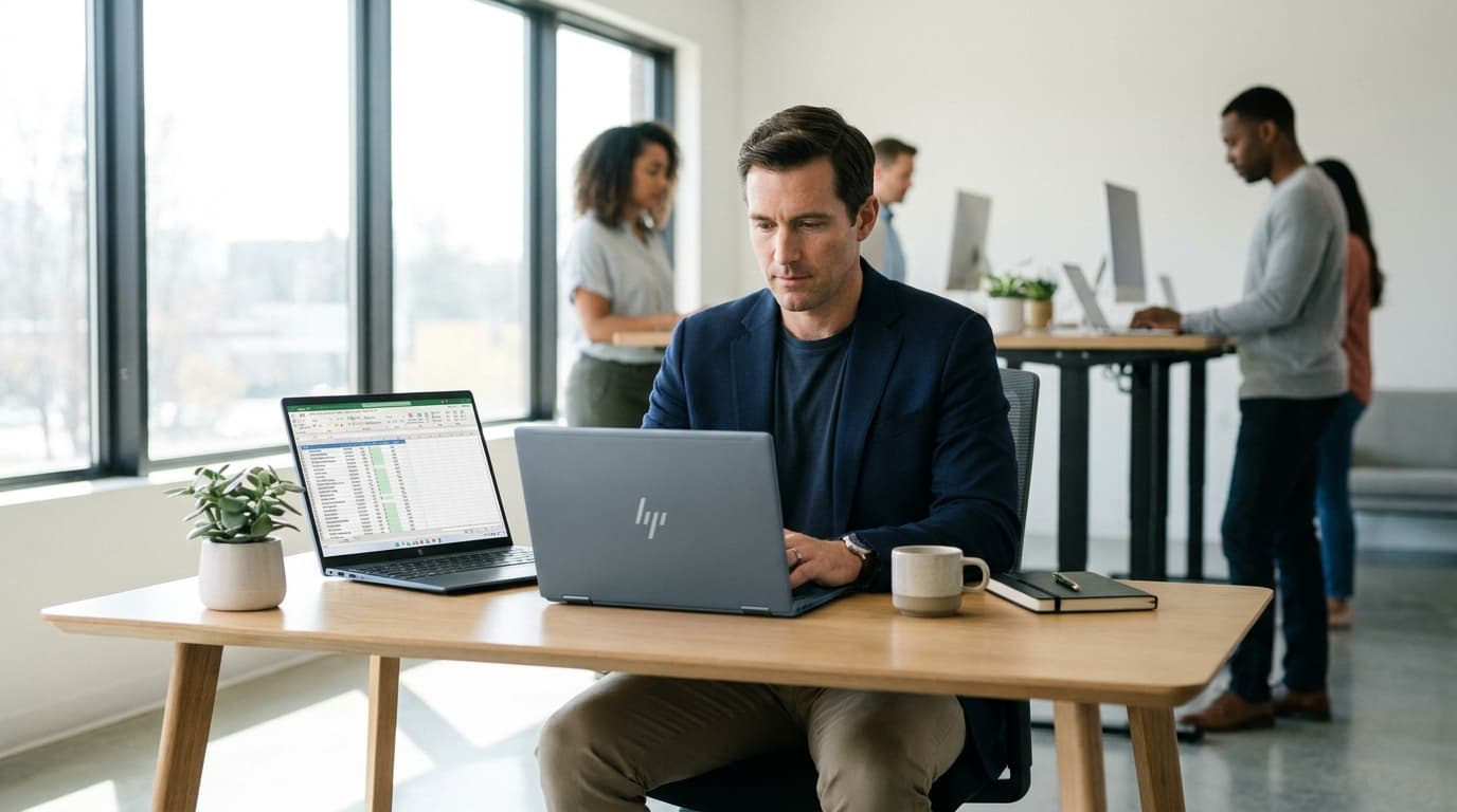 A person typing on the new HP OmniBook X 14 laptop, which is resting on a clean wooden desk.