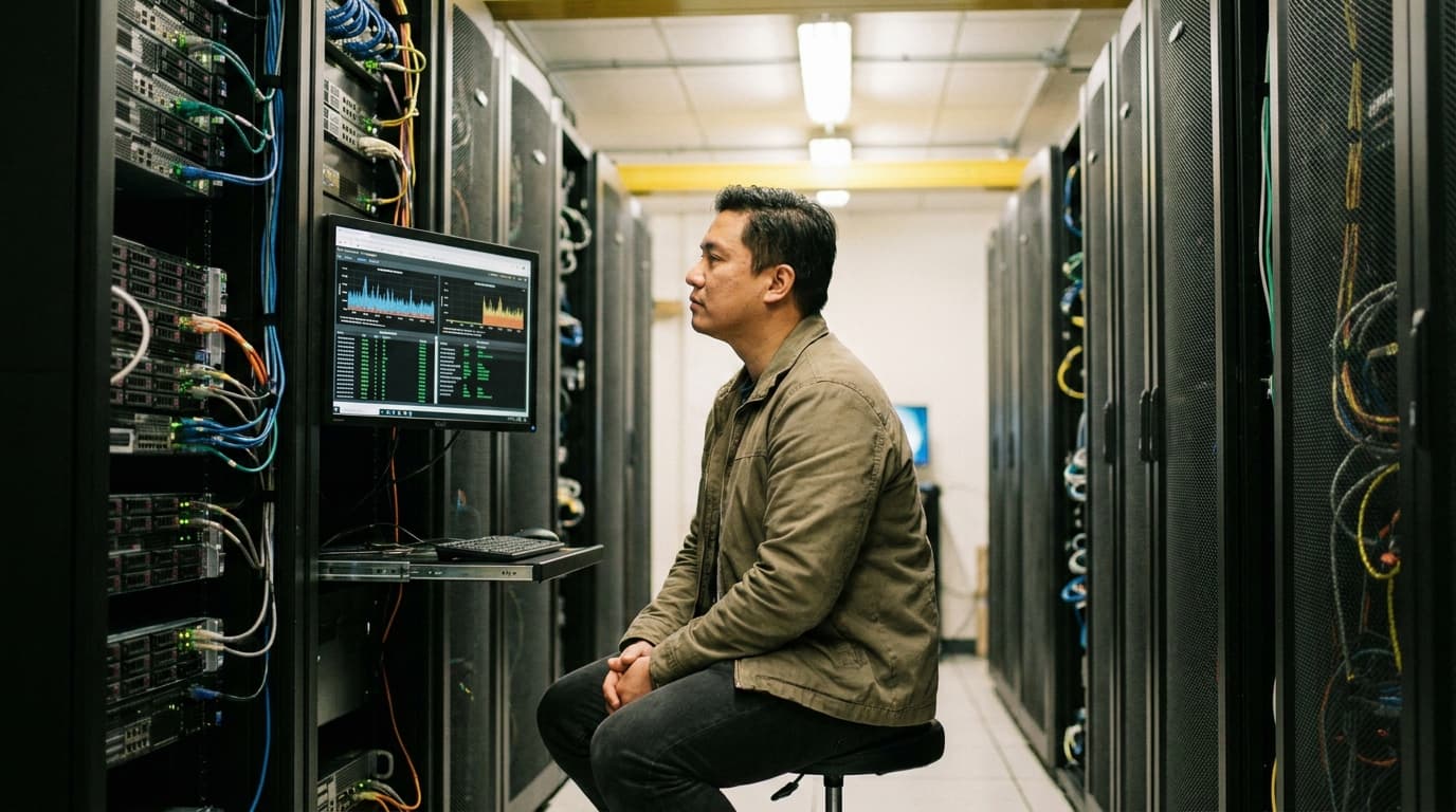 An engineer in a data center analyzes performance metrics on a screen attached to a server rack.