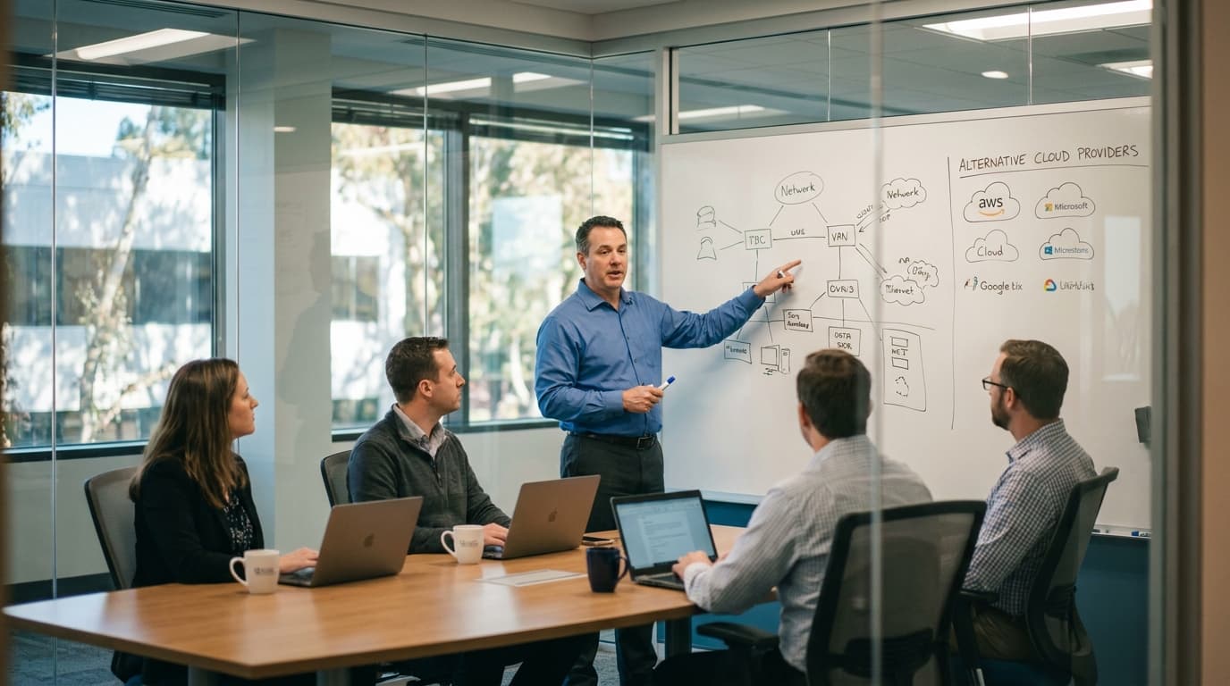 A technology executive points to a cloud infrastructure diagram on a whiteboard during a strategic meeting with their team.