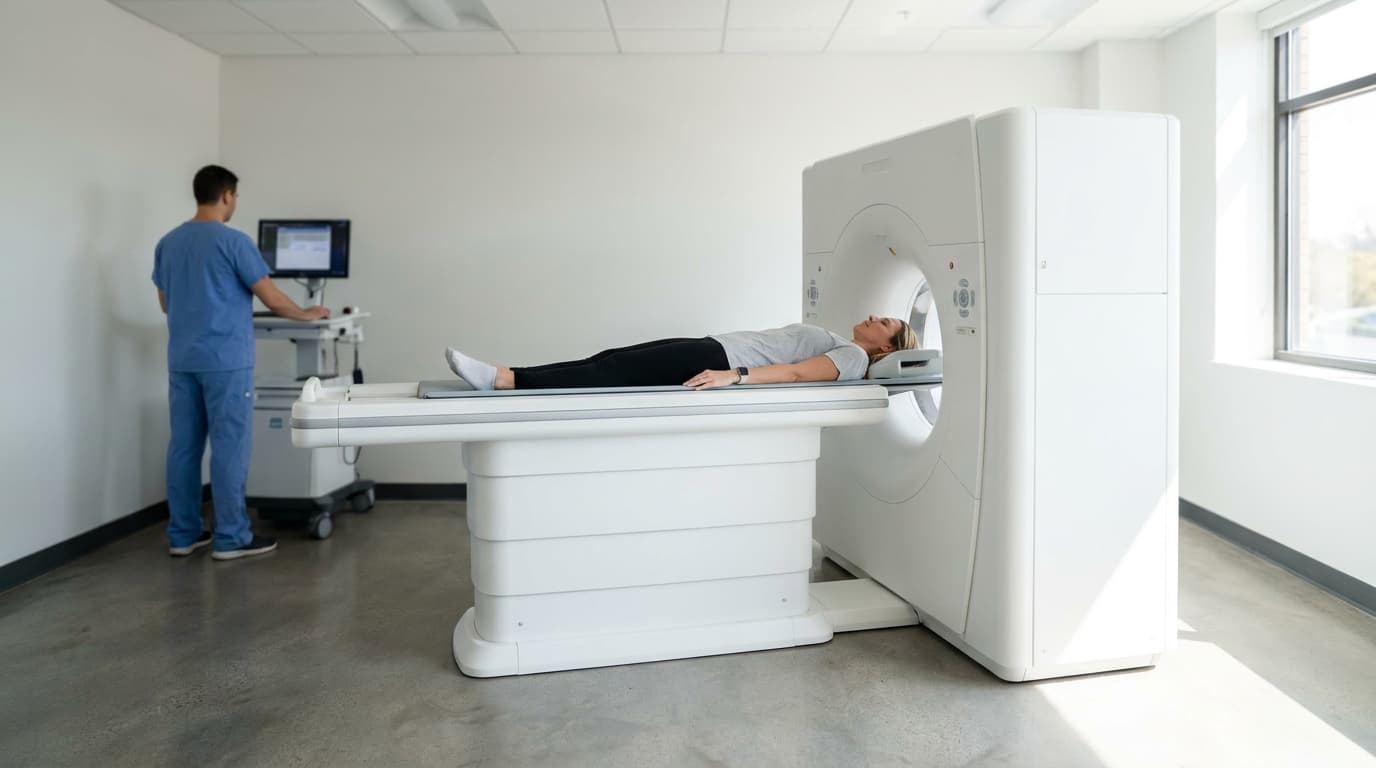 A person undergoing a full-body scan in a Neko Health clinic, with a technician observing from a computer station.
