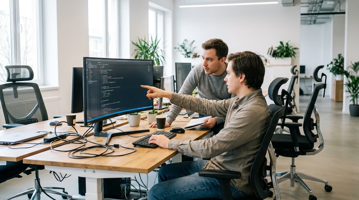 Two software developers collaborate in a modern office, reviewing code on a large computer monitor at a desk.