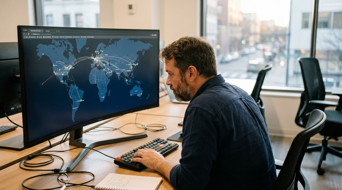 A software developer at their desk looks at a world map on a large computer screen, representing a global network.