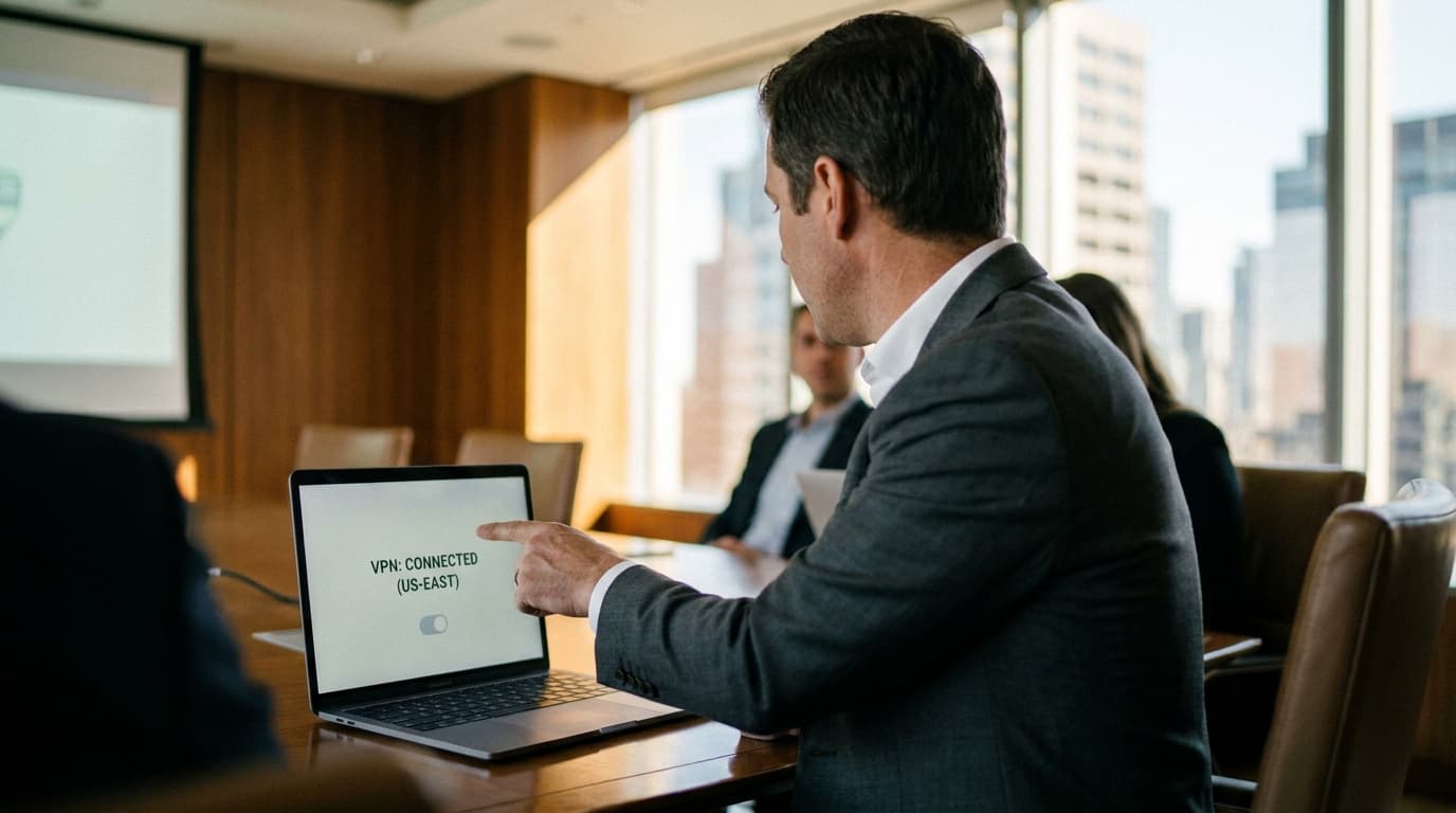 A person in a business suit points at a laptop screen in an office, which shows a VPN software interface.