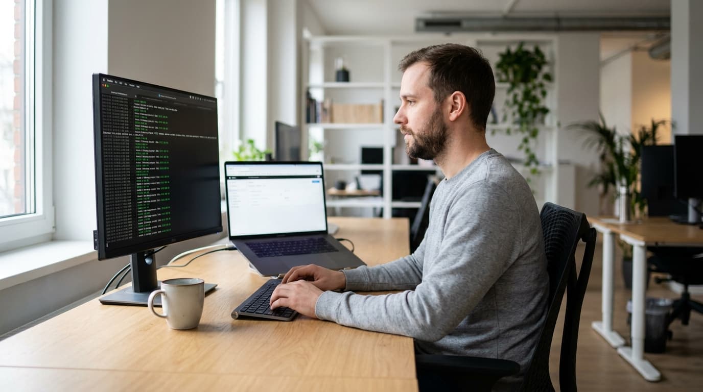 A developer at their desk works with code for Vercel's AI Gateway on a large monitor, with a laptop open beside it.