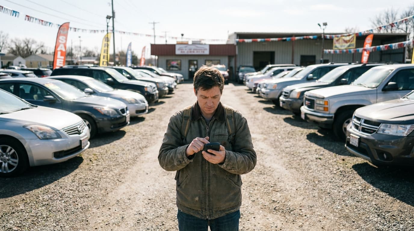 Rows of used cars parked at a dealership on a sunny day, with a person in the foreground looking at their phone.