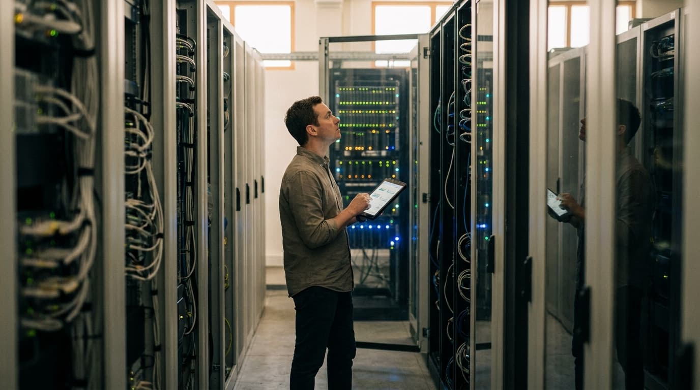 An engineer in a data center aisle uses a tablet to check on a rack of network servers.