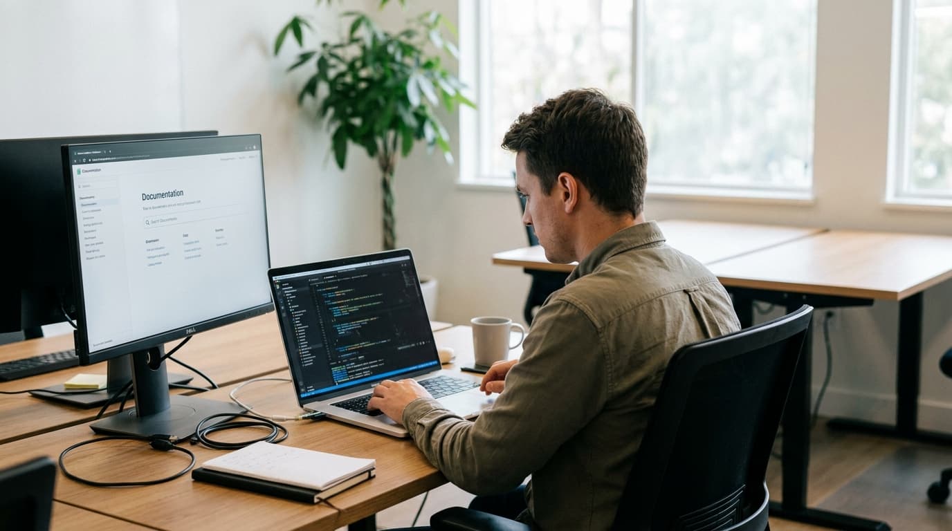 A software developer works on a laptop in a well-lit office, with a second monitor displaying a website's search bar.