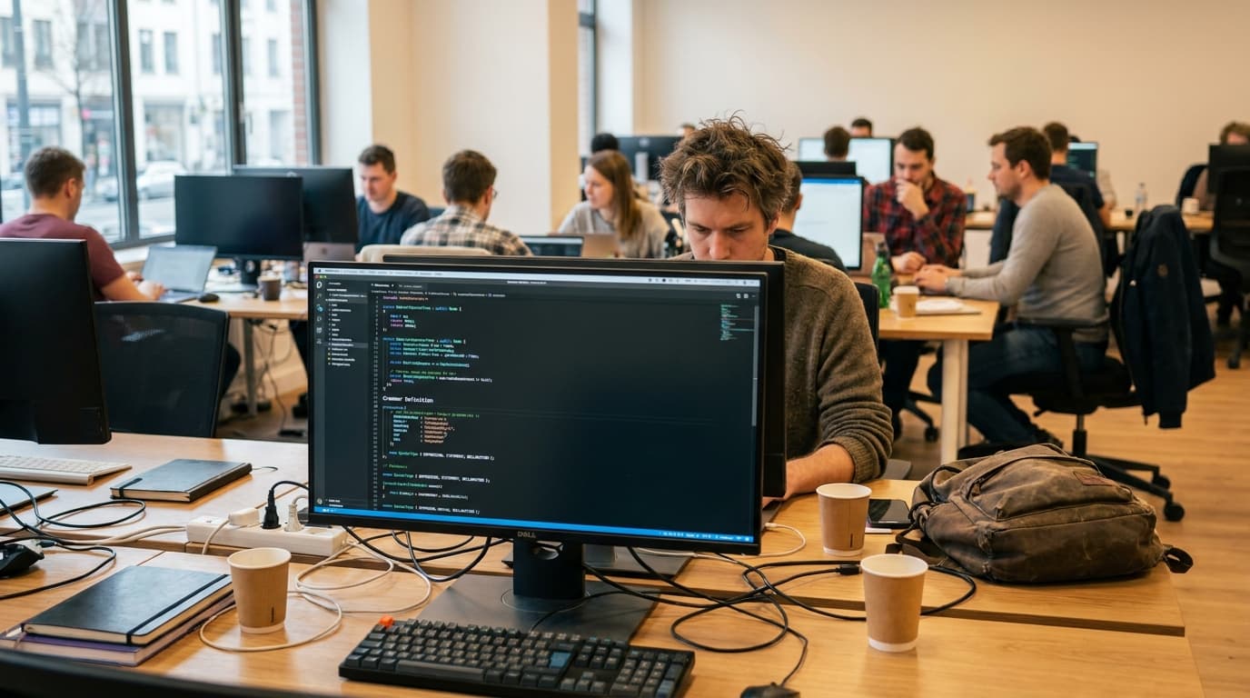 A software developer sits at a desk, analyzing C++ code related to a parser generator on their computer monitor.