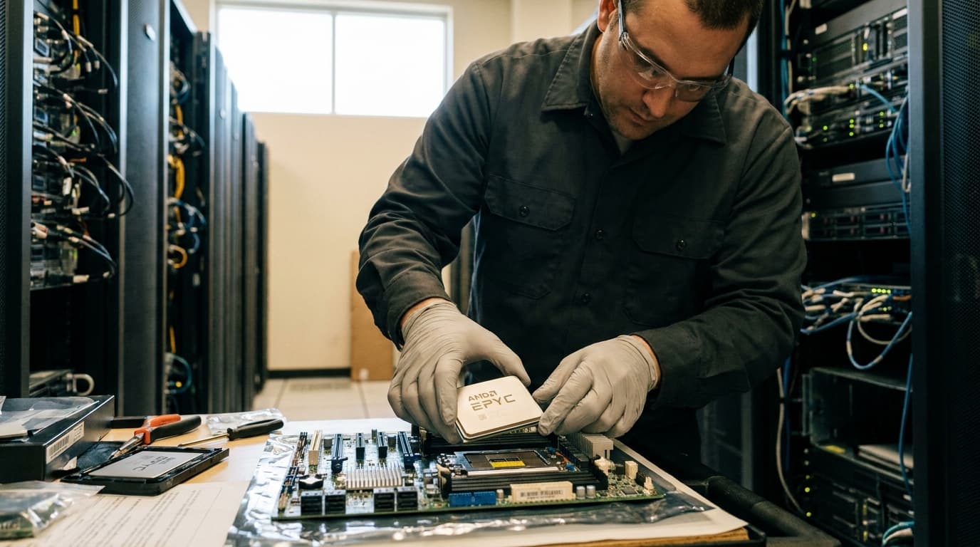 An IT technician in a server room holds a new AMD EPYC CPU, preparing to install it into an open server chassis.