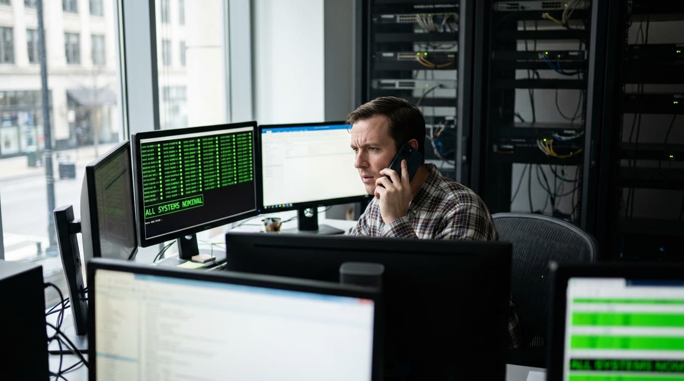 An engineer in a control room looks worried while on the phone, as their computer monitors incorrectly show that all systems are operational.