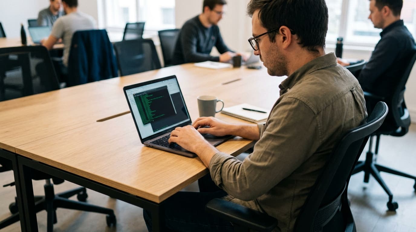 A developer coding on an ARM laptop that is running the Linux operating system in an office setting.