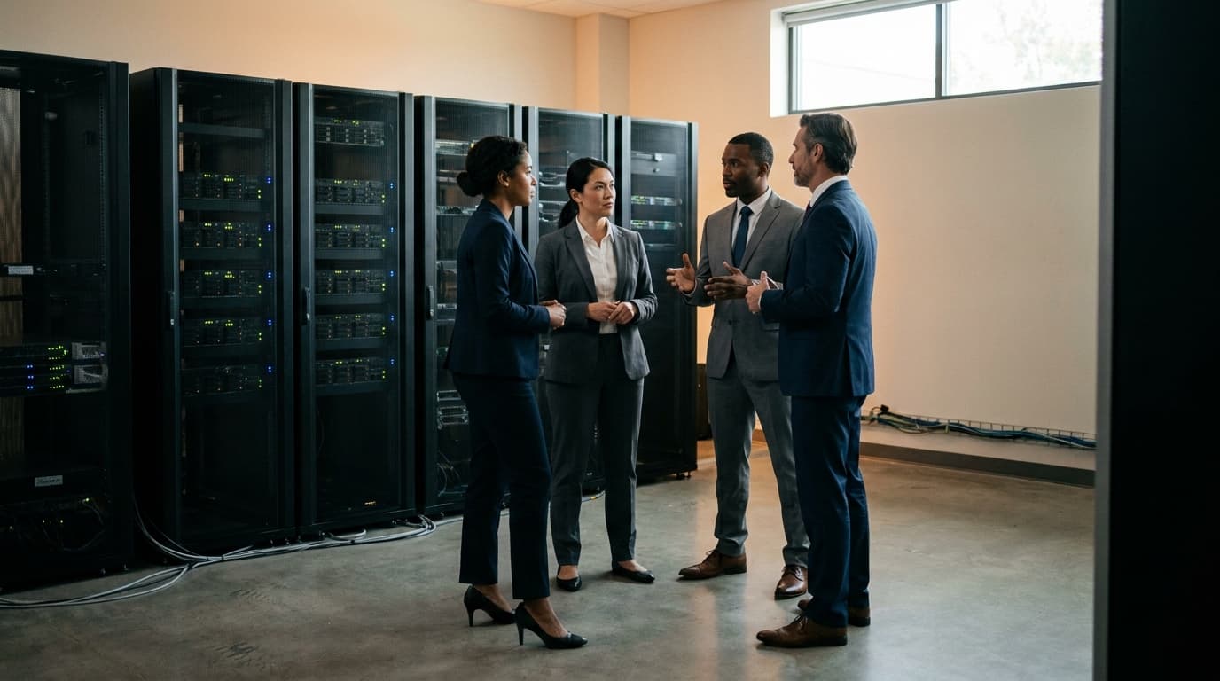 Executives in professional attire discuss strategy while standing in the aisle of a brightly lit, modern data center.