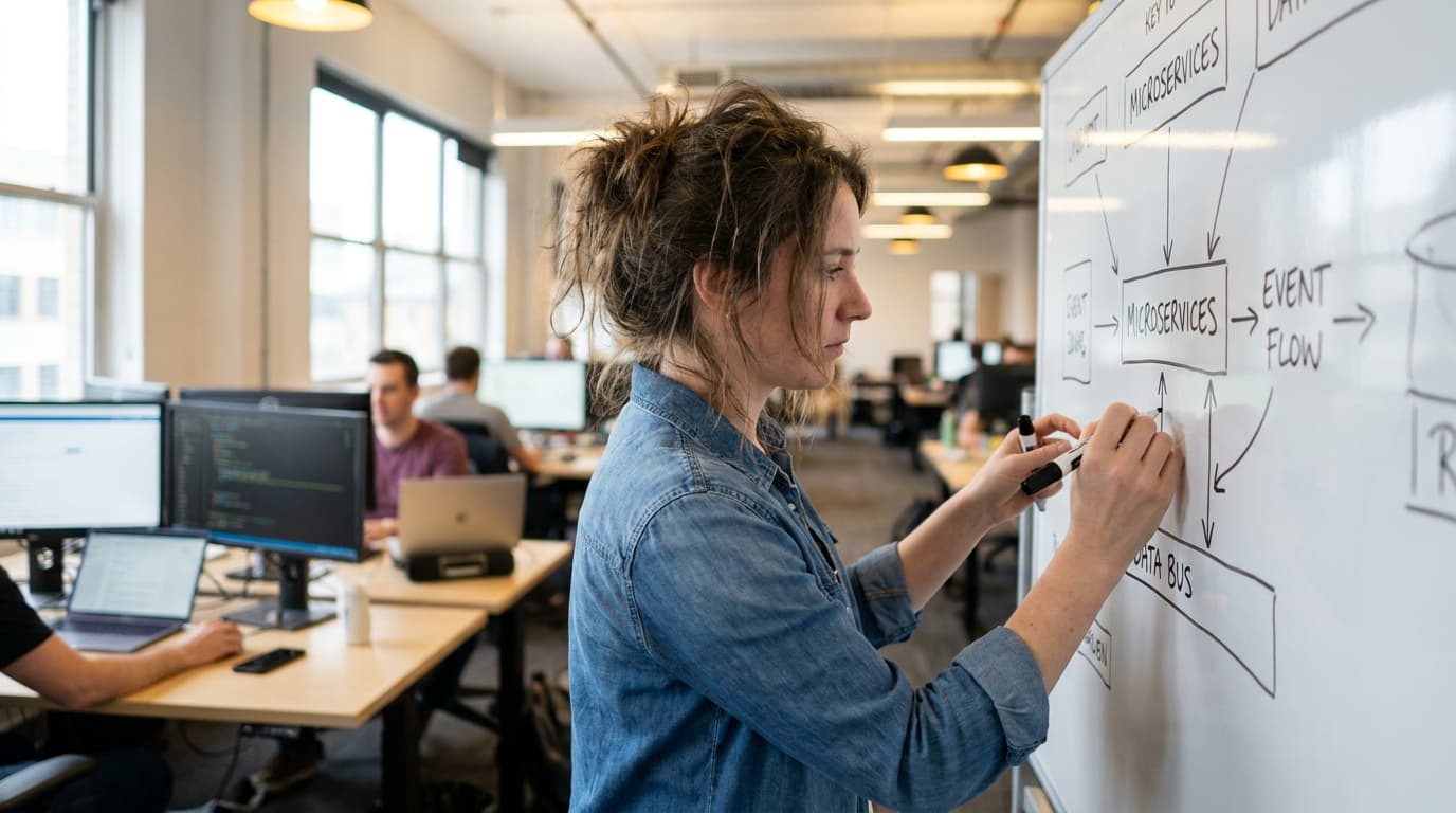 An engineer draws a diagram of an event-driven architecture on a whiteboard in an office setting.