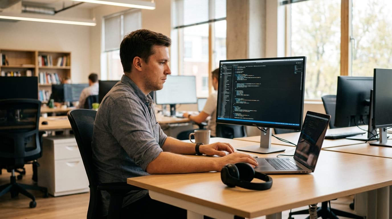 A software engineer working on code at their desk in a modern office, with a large monitor and a laptop.