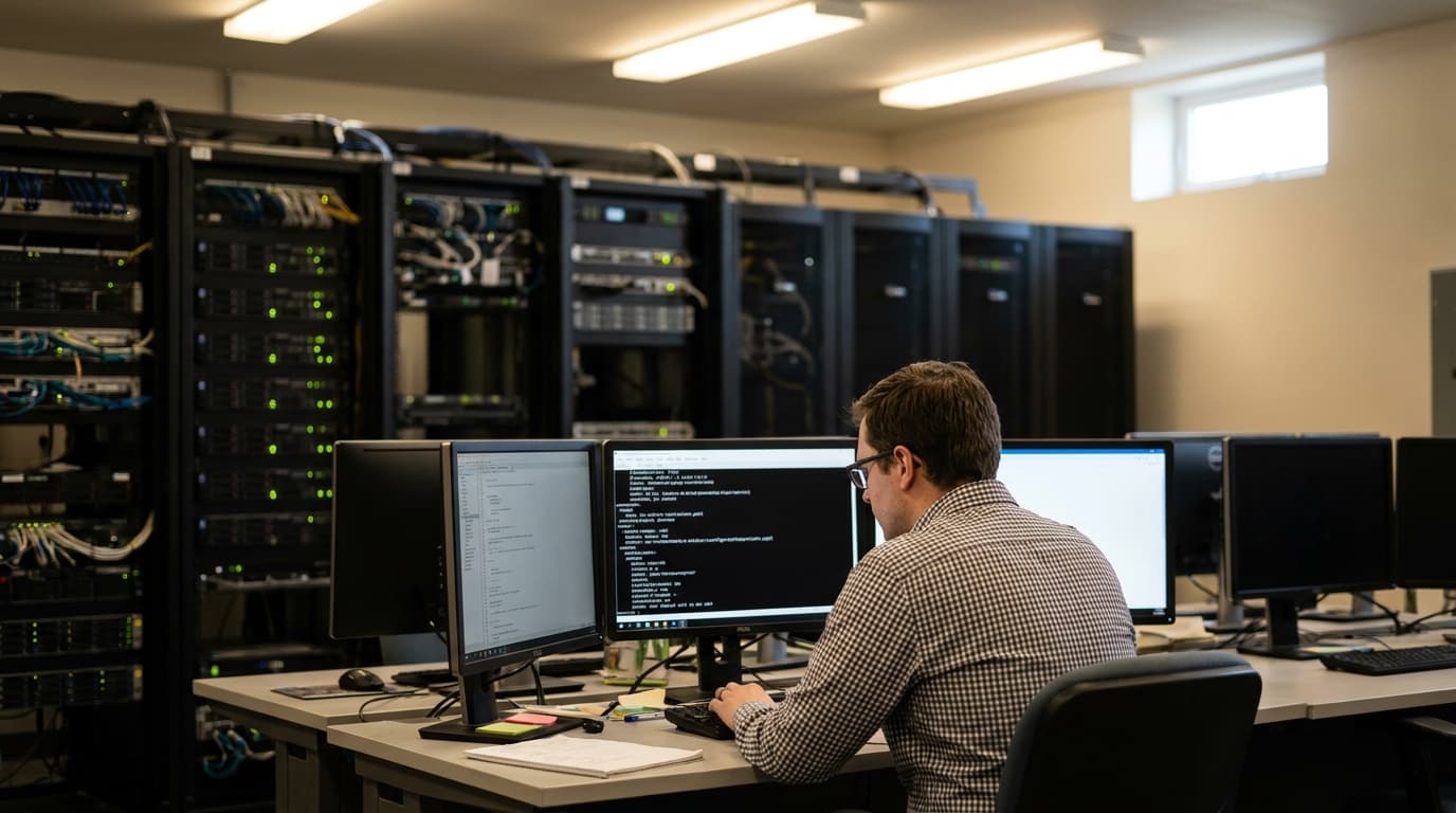 A DevOps engineer works on a computer terminal inside a data center server room.