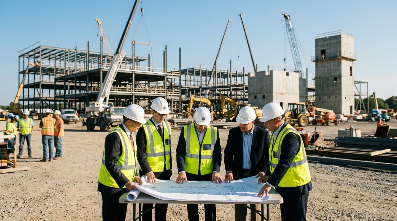 Construction site of a large data center with cranes, with several people in the foreground looking at building plans.
