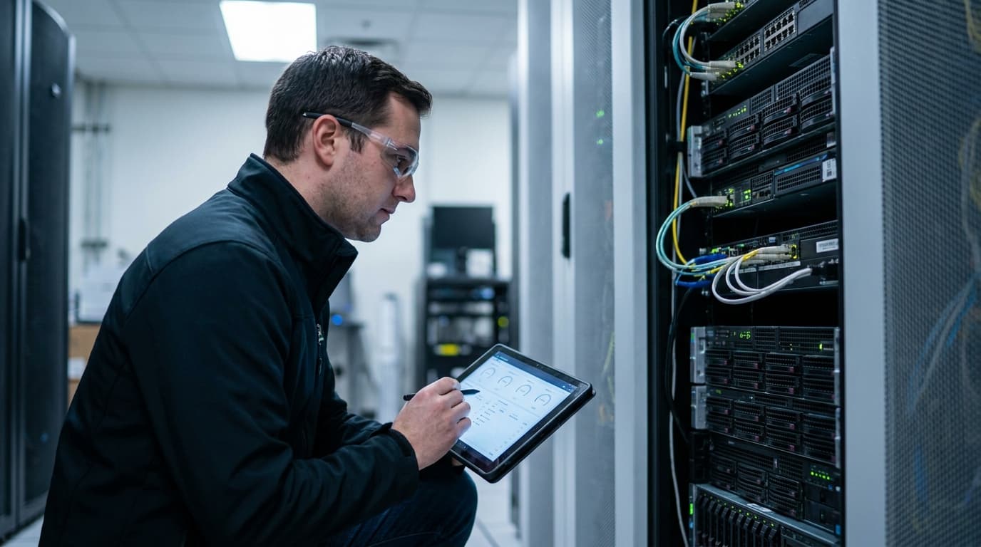 An engineer inspects a server rack in a data center, holding a tablet that shows performance graphs.