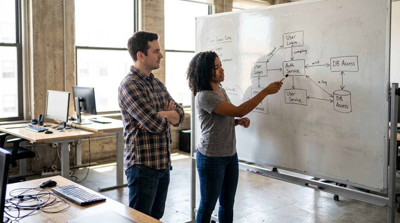 Two engineers collaborating on an application architecture diagram on an office whiteboard.