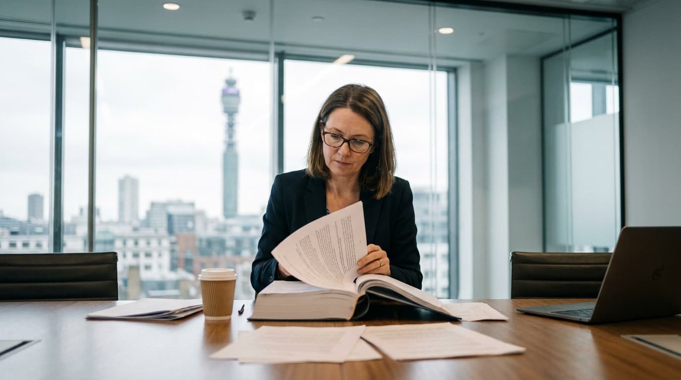 A business executive sitting at a boardroom table in a London office, reviewing a document related to the BT TalkTalk acquisition.