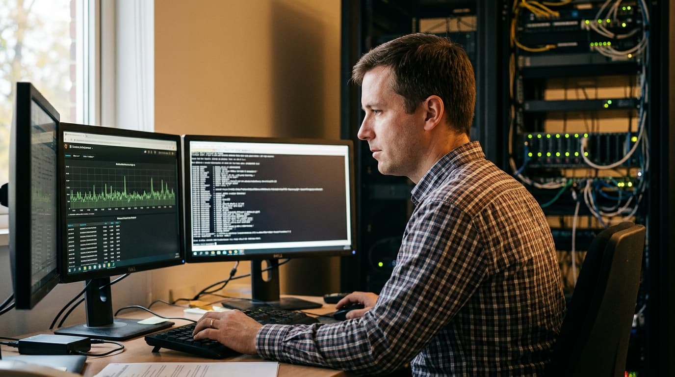 A database engineer analyzes performance metrics on a computer monitor inside a data center server room.