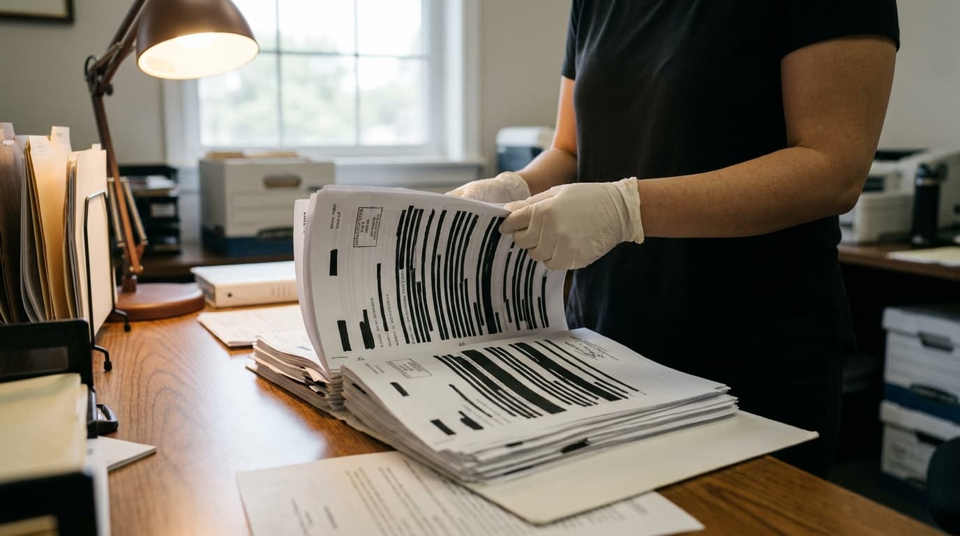 A government worker at a desk reviews a large stack of redacted documents related to a public records request.