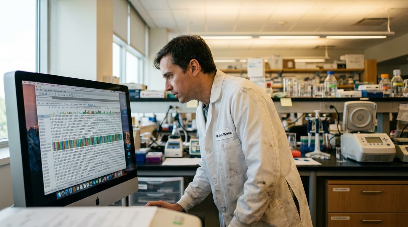 A scientist in a modern laboratory looking at a computer screen displaying a colorful representation of a DNA helix.