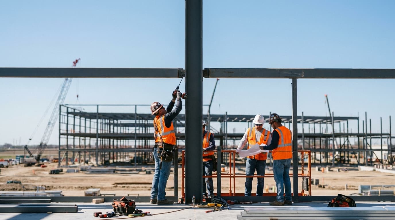 Construction workers building the large-scale steel framework for a new data center facility.